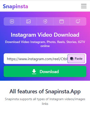 Copy Paste Link Video Instagram ke Snapinsta