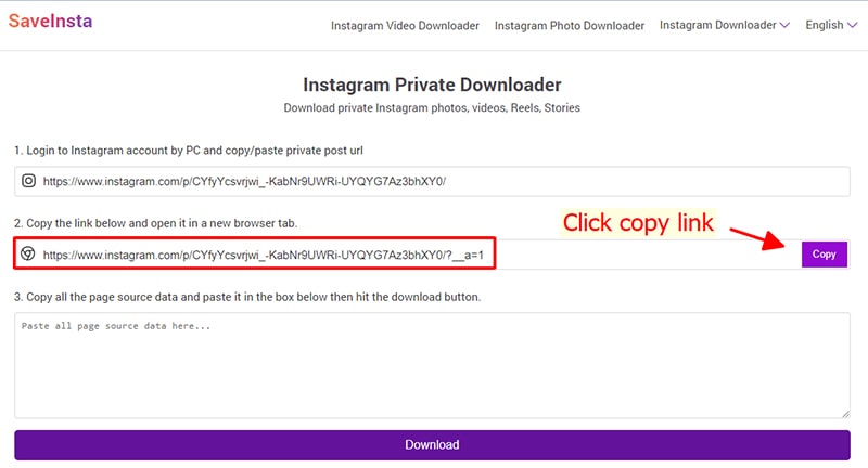 Copy url instagram private di new tab