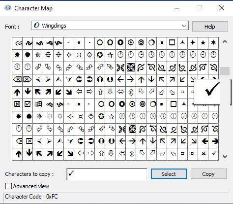 Aplikasi character map memasukkan simbol ceklis