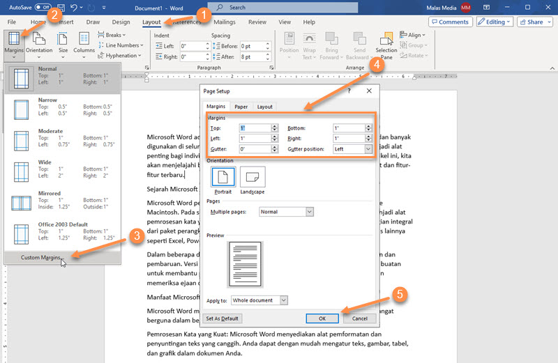 Cara mengatur jarak margin kertas di MS Word