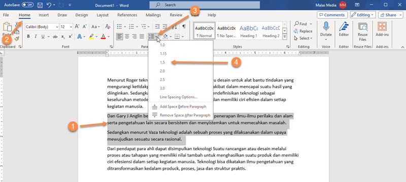 Mengatur Jarak Spasi Antar Baris dengan Line Spacing