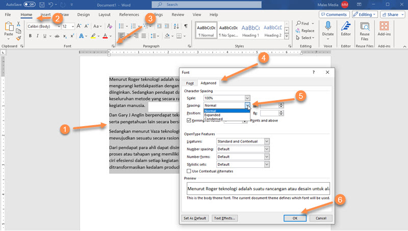 Cara mengatur jarak antar huruf di Word