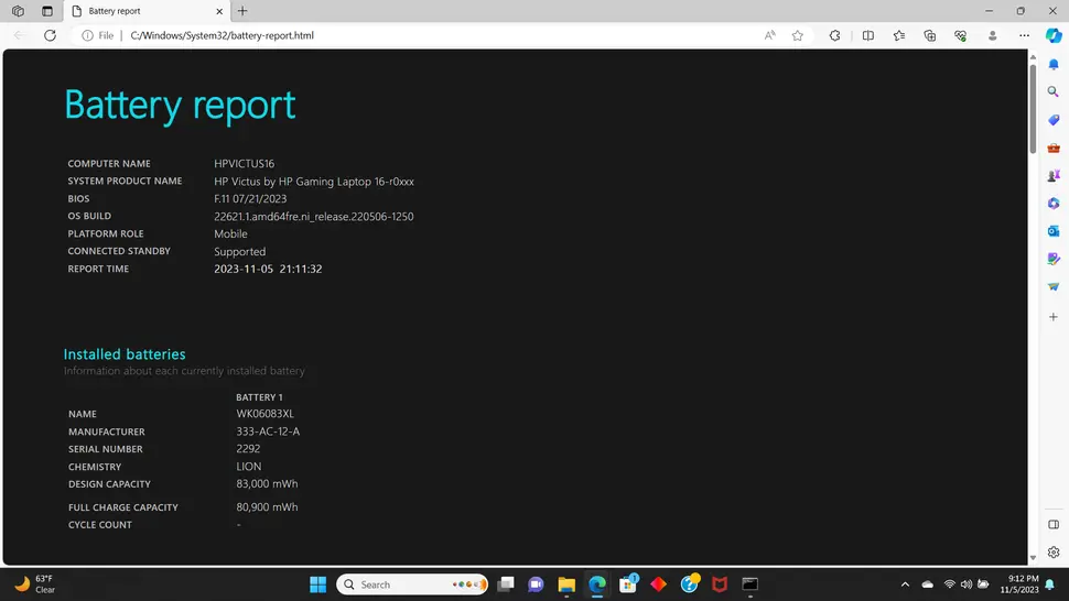 Hasil battery report laptop Windows HTML