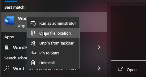 Klik kanan open file location Word di Windows